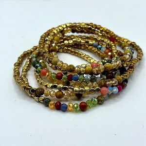 Stretch Fall Gold Jewel Tone Beaded 8 Strand Bracelet Fun Boho Trending